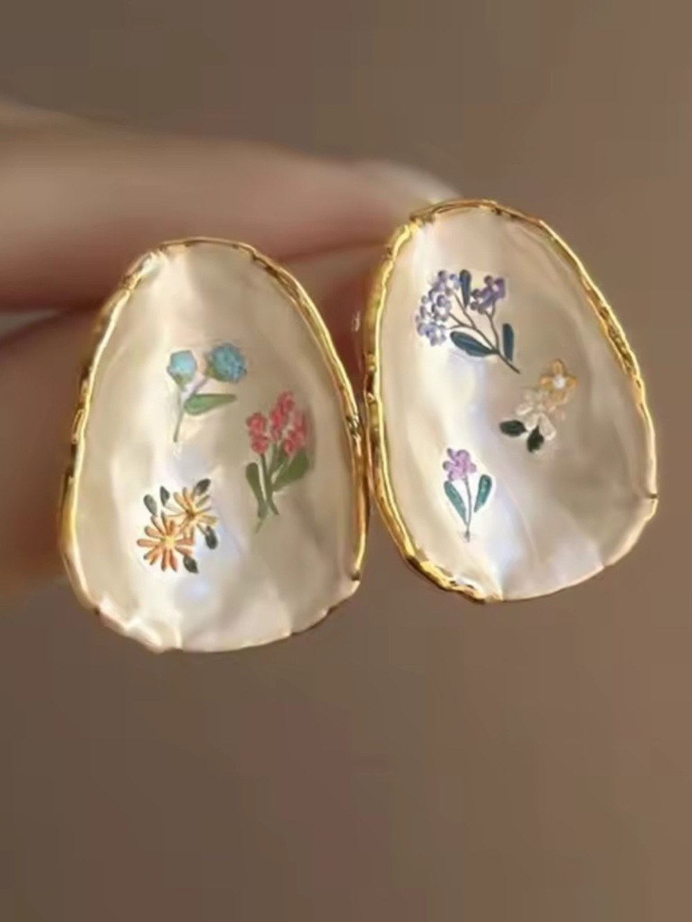 Hand-Painted Floral Mother-of-Pearl Gold Edge Earrings - Picture 3 of 10